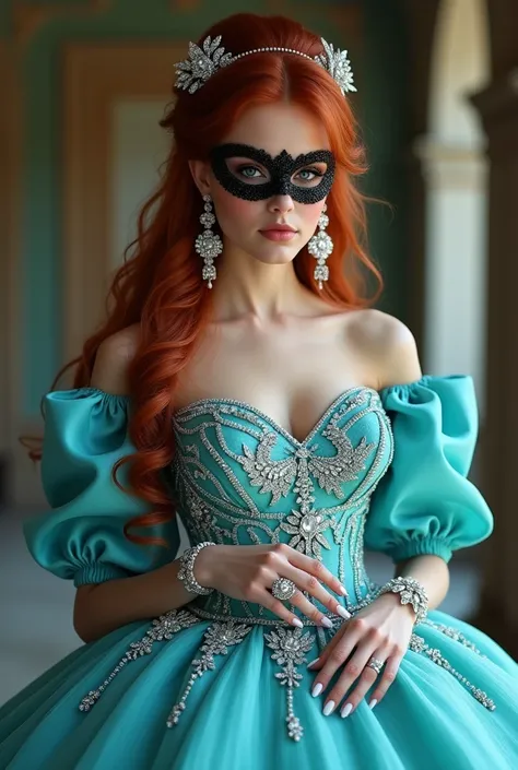 1 beautyful woman with long sleeved turquoise quinceanera dress made of white gemstones. Beautiful and luxurious concept photo. Long sleeves Dress with puffy sleeves High quality 8k. no errors. Looking at the viewer, solo, ear rings, Red hair, Dutt, ear ri...