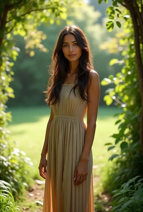 A full-body shot of a 20-year-old woman with brown skin, brown hair, and brown eyes, standing in a garden, captured with a Nikon Z7 II and a 35mm f/1.8 lens. The image has high dynamic range, with bright sunlight filtering through the trees, casting soft d...