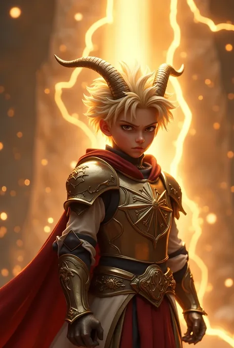 1 boy, , have power like  god in manhwa, full of godly aura, angry facial expression, goat eye color , blonde hair , with knight outfit, elegant, detective, realistic fire, the background is full of magical particles and realistic golden lightning. lens fl...