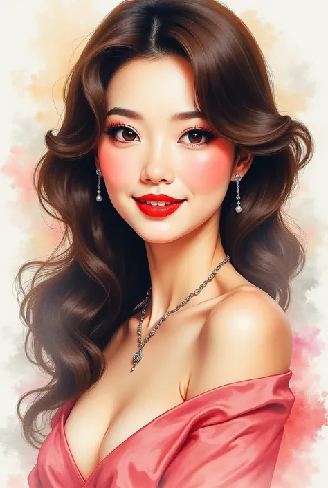 A watercolor-style portrait of a 60-year-old mature and glamorous Japanese woman, appearing beautiful and sensual. She has bright long curly brown hair, is smiling, and has striking dark eyes with elegant makeup. She wears bright red lipstick, a necklace, ...