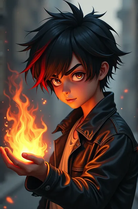 Boy with semi-long dark hair with a red lock,annoyed look,He wears a leather jacket and has fire in his hand