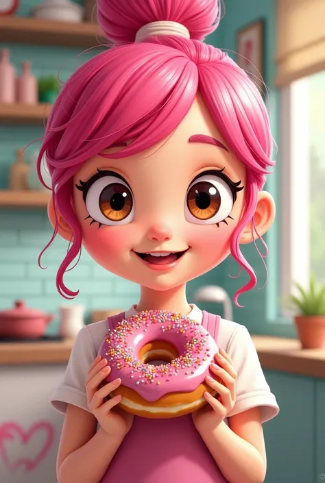 Girl with pink hair and brown eyes holding a donut. style cartoon