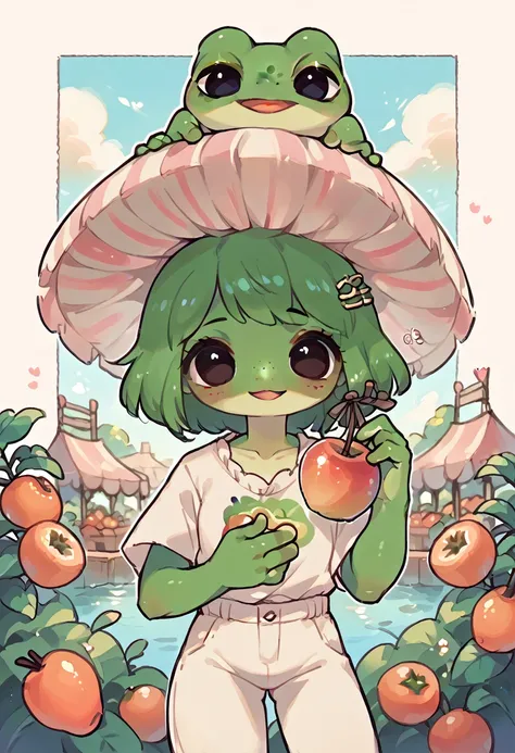 pepe the frog, 1girl frog, at the fruit market, taking an almond with your hand