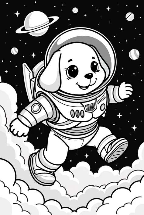 Show me a beagle as buzz lightyear flying in space with helmet as a coloring page ( Dog breed: Beagle)