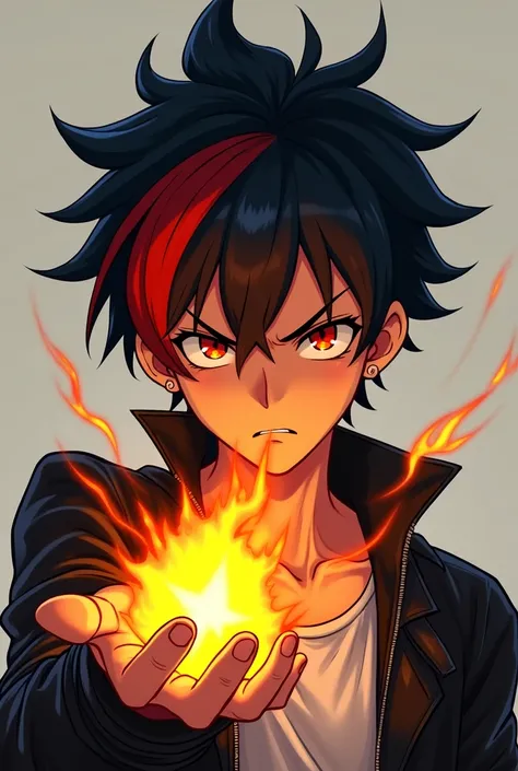 Older boy with semi-long dark hair with a red streak,annoyed look,He wears a leather jacket and has fire in his hand,anime style