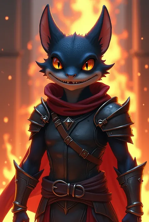 A black-colored lizard kobold paladin with a garlic collar and light armor, looking at the camera with a machiavellian smile with the background on fire and all in anime style