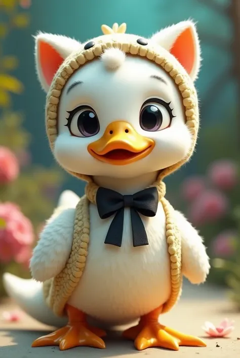 create a cute white duck with black bow wearing kitty hat, wearing 3d alligator clothing