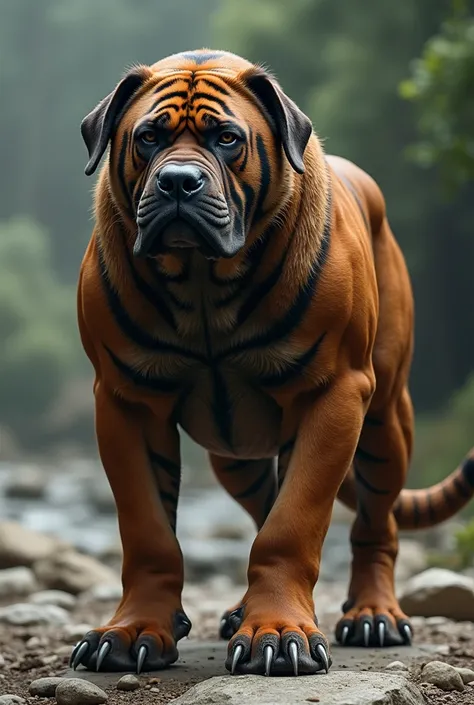 an Italian Mastiff dog with ears, tail and Bengal tiger claws with black paws and black chest