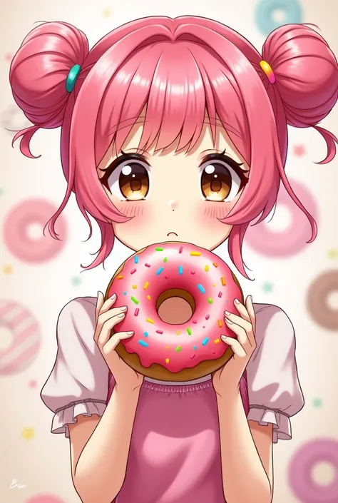 Girl with pink hair and dark brown eyes holding a donut. anime styling