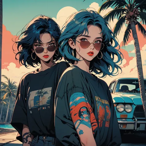 Retro blue hair girl with tattoo, Tattooed girl、Miami, sunset, Old car, Palm tree, the 90s, (Flat Color, flat texture, Line art:1.2), Graphical Design, (Dark ink, Ink Black), Leaning against a car、T-Shirts、sunglasses、front、Posing、Tattoo、coastline、Beach