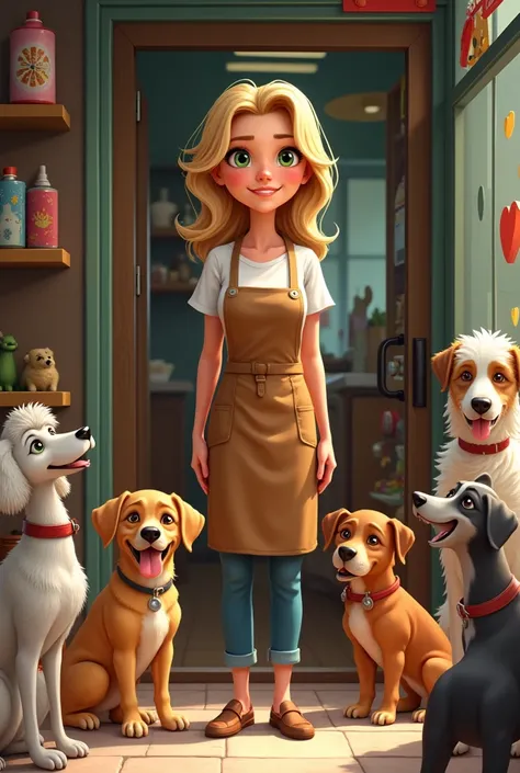 not Disney Pixar style, a woman in an apron in front of her pet shop, She is 2 with blonde hair and big green eyes., with dogs of different breeds around you
