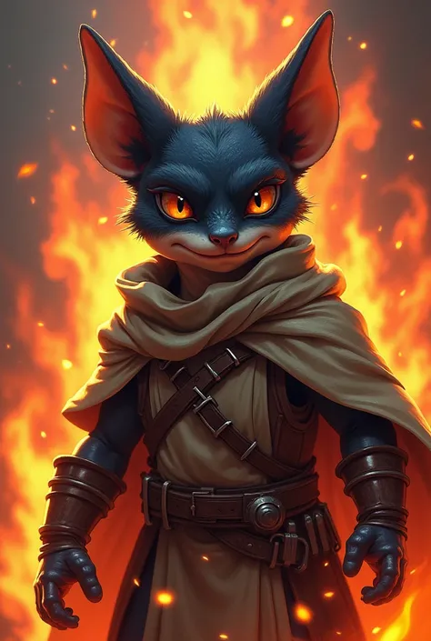 A black-colored lizard kobold paladin with a garlic collar and light brown armor, looking at the camera with a machiavellian smile with the background on fire and all in anime style