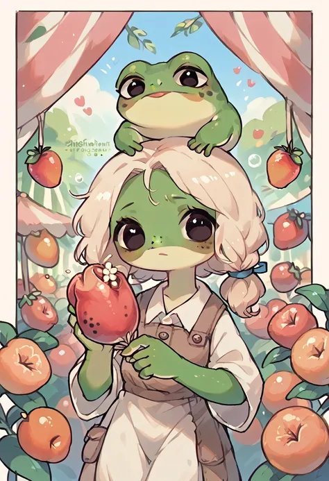 pepe the frog, 1 girl frog, in the fruit market, (((holding a single almond))) with her hand