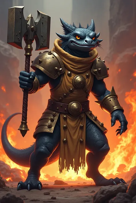 A black-colored lizard kobold paladin with a garlic collar and light brown armor, He holds a war hammer with his hands and near his face and is looking at the camera with a Machiavellian smile with the background on fire and all in anime style