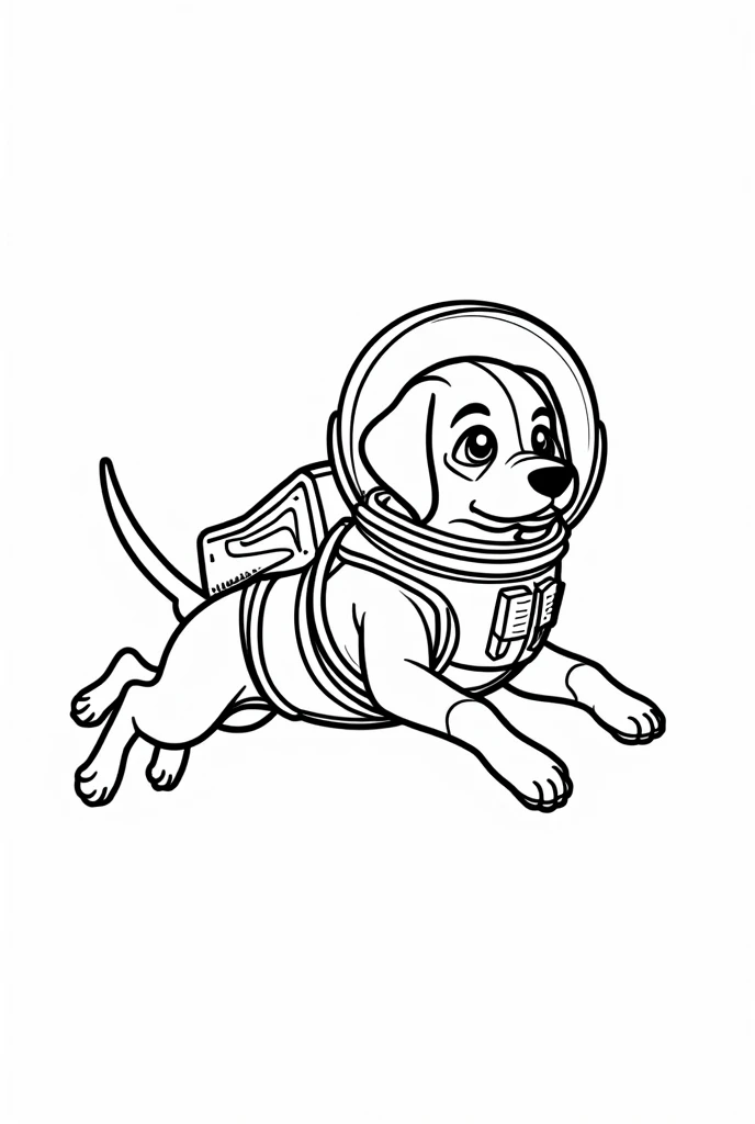 Show me the dog breed Beagle in a Buzz Lightyear suit with helmet flying in space as a coloring page 