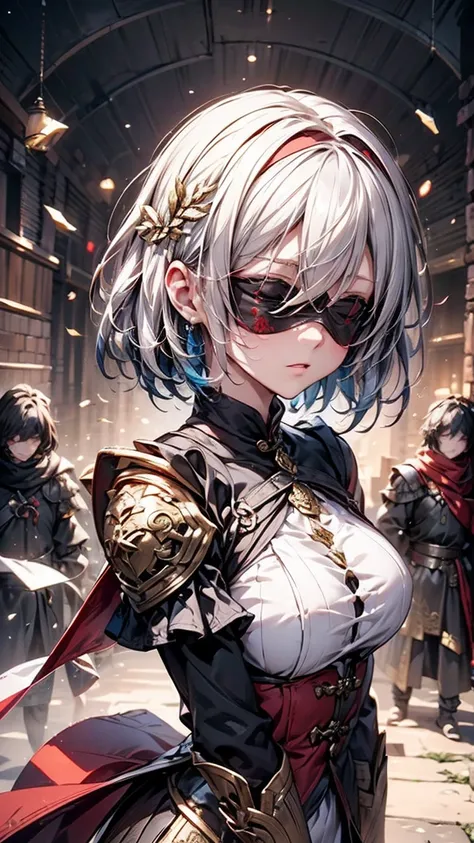 A 2 girl. She wears a white blindfold with red stripes covering her eyes., an elaborate metal armor with gold and red details, decorated with dragons. Short white hair. Accompany a terracotta army, robust and in shades of gray and bronze. Expression of aut...