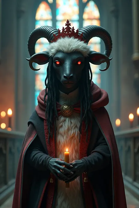 ((mouton (agneau (cult of the agneau)), corps noir et fourrure blanche, white dreadlocks hair, corne, light red sclera)), (wear a red crown, red cloak, robe grise noire:1.25), (flat chest, ssmile), ((Detailed fluffy fur)), (Portrait en pied, regarder le sp...