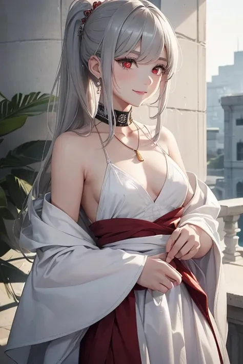 (Highest quality, masterpiece:1.2), High resolution, The highest masterpiece、Very detailed, Realistic:1.37, Fantasy, An illustration,Gray Hair、 ((Red eyes)).Queen, White Dress、beautifully、Eyeshadow Red、Thick eyebrows、Long eyelashes、pupils are black、shiny o...