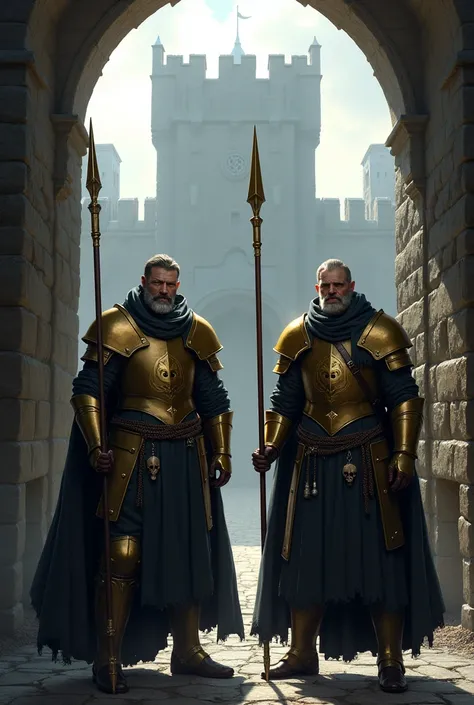 Two medieval city guards in front of the open gate of a castle with drawbridge. about 30 years old with a grim face. The spear lowered to attack. golden armor, black clothing and black tabard with golden skull. black coat.

backdrop: a medieval castle. glo...