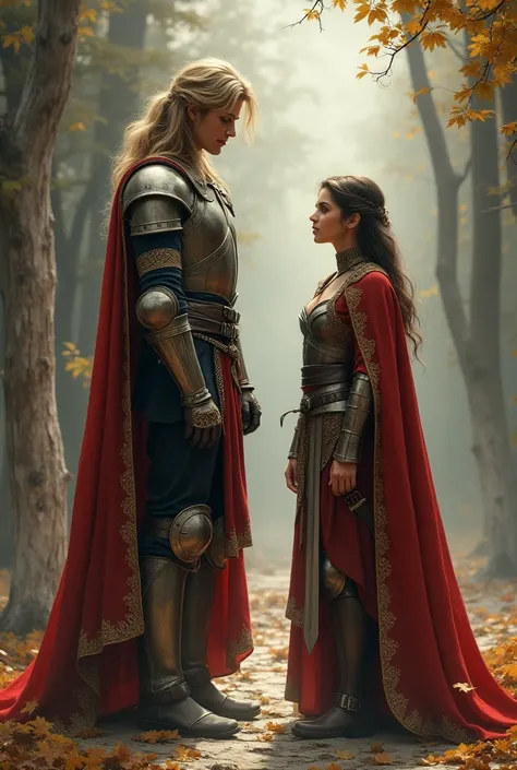 A tall, beautiful female paladin is protecting a male commoner half her height.