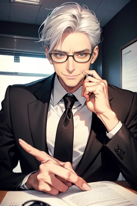 work of art, best qualityer, fine-details, Eyes red, short black and gray hair, ssmile, Facial expression, white  shirt, chic, Black Suit. 34 years. mature man. CEO, OFFICE HOME, wearing glasses.