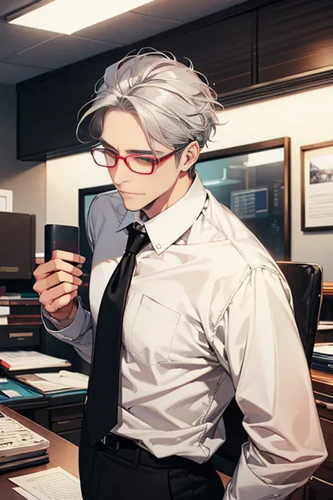 work of art, best qualityer, fine-details, Eyes red, short black and gray hair, ssmile, Facial expression, white  shirt, chic, Black Suit. 34 years. mature man. CEO, OFFICE HOME, wearing glasses.