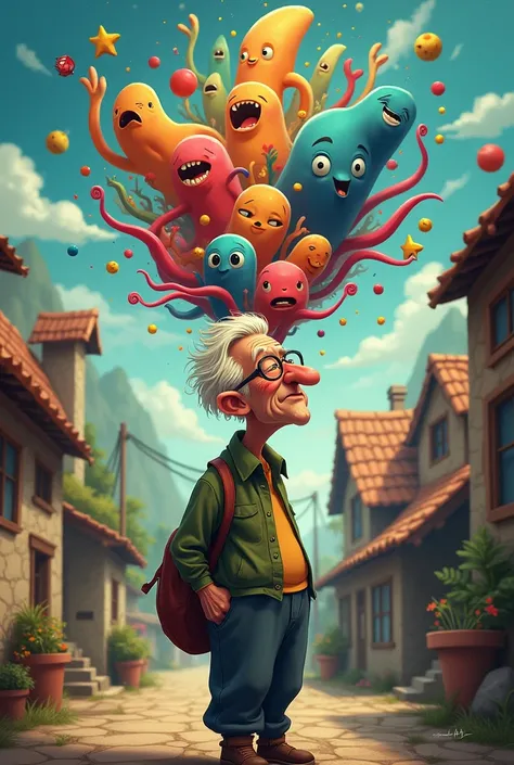 Older man who sees emotions as people in his imagination, Emotions with animated shapes , in a village, that emotions are shaped like a cartoon
