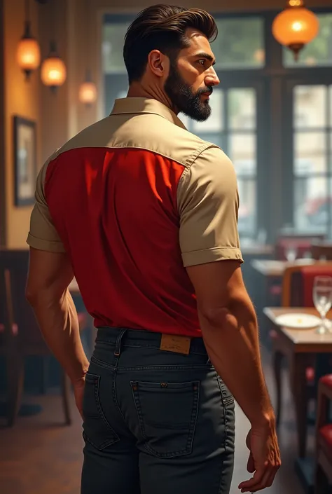 Michele Vittorio macho handsome red and beige  shirt, bearded and muscular man, very handsome and manly, intricate, elegant, sharp focus,  Soft lighting, vibrant colors, masterpiece, en un restaurante, sexy Whole body, dark gray jeans   , blue and beige sh...