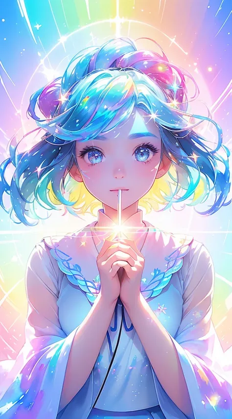 Soft Focus , (Bright gradient watercolor :1.5, Lens Flare:1.5 , Glitter :1.5), Glow , Dreamy , White background、Grid illusion, Colorful, girl、((extremely detailed eye:1.5)),((Face Zoom:1.5)),((Face Focus:1.5)),(((​masterpiece、top-quality、top-quality、waterc...