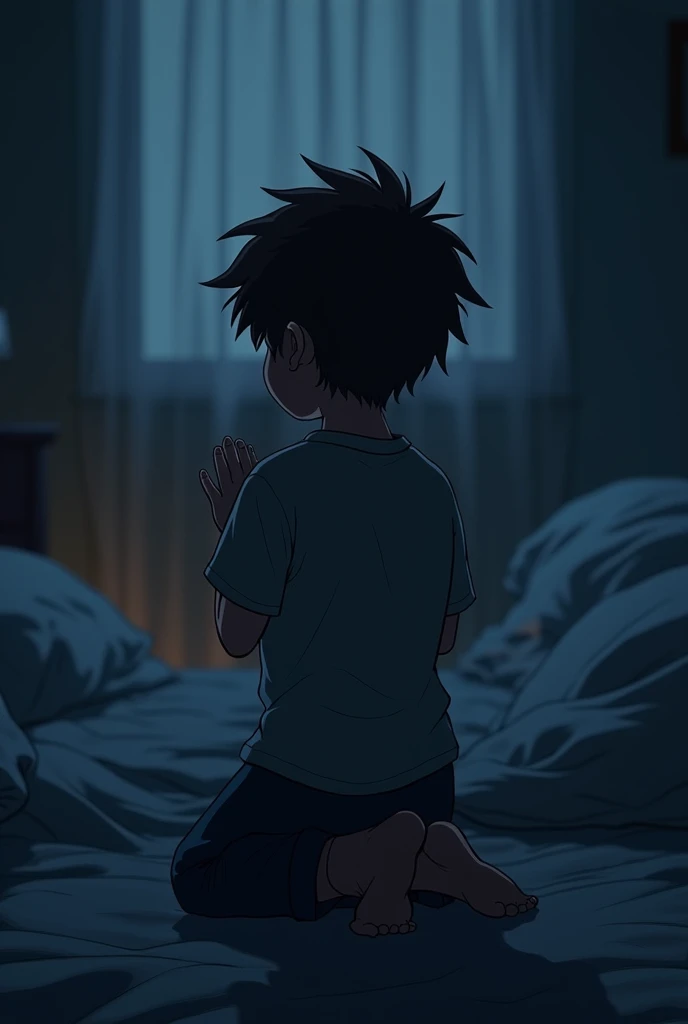 child with his back turned praying kneeling on the floor before sleeping at night dark in bed WITH HIS BACK TO THE CAMERA