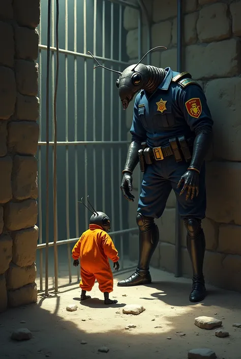 An ant in orange prison clothes locked in a cell, Being watched by an ant disguised as a police officer