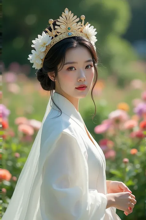 A beautiful Korean woman wearing a white classic European dress, wearing a noble hat in a beautiful flower garden Cinematography 8KUHD Hyper realist ultra 4HDnatural 