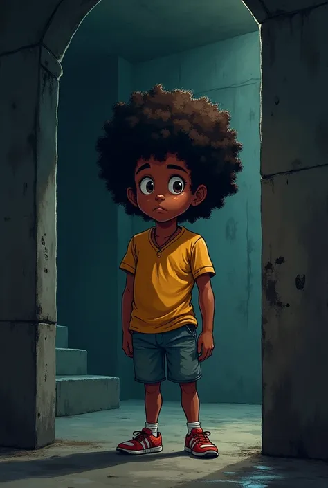 Make a black male child with an afro in a dark place like a basement (comic style)

Please let the black man be a man