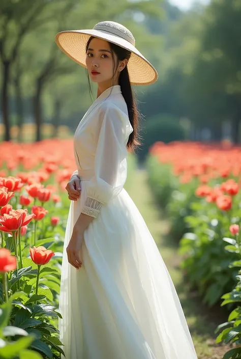 A beautiful Korean woman wearing a white classic European dress, wearing a noble hat in a beautiful flower garden Cinematography 8KUHD Hyper realist ultra 4HDnatural 