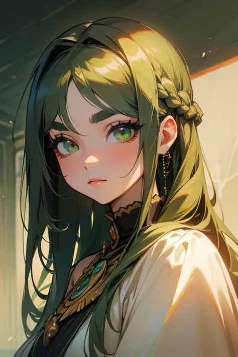 (Highest quality, masterpiece:1.2), High resolution, Very detailed, Realistic:1.37, Fantasy, An illustration, Green Eyes、Queen, Platinum decoration、beautifully、Eyeshadow Red、Thick eyebrows、Long eyelashes、pupils are black、((Her hair is light green)).Embarra...