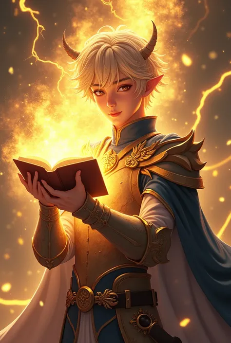 1 guy, have power like god in manhwa, goat eye color , blonde short  hair ,holding a magical book, with knight outfit, elegant, realistic fire, the background is full of magical particles and realistic golden lightning. lens flare, glowing light, reflectio...