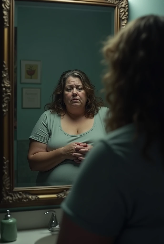 a sad fat woman looking in the mirror