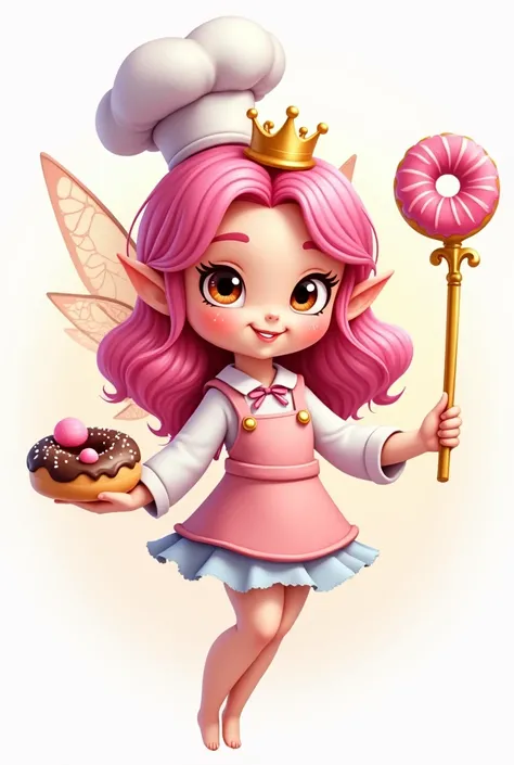 Logo for a store with a pink-haired fairy, brown eyes and pointy nose wearing a mini golden crown and pastry chef clothes, holding a candy scepter in one hand and a cartoon-style donut in the other