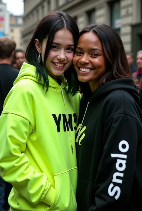 Billie eillish taking a picture with a fan, and billie is wearing a neon green hoodie with black ym logo on the left chest side and the fan is wearing a black hoodie written snalo on the hoodies sleeve make the fan a little bit chubby and darker in skin to...