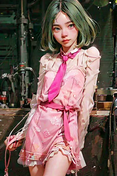 1girl, short green hair, green skin, pink lips, pink necktie, long green dress, pink belt, holding pink clutchpurse