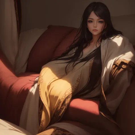 In the room on the couch sits a woman, artwork in the style of Gouveiz, Gouveiz, Gouveiz masterpiece, High quality detailed graphics 8K, rossdraws digital painting, Gouveiz on artstation pixiv, Gouveiz on pixiv artstation, Ian J. Gouveiz, A masterpiece of ...