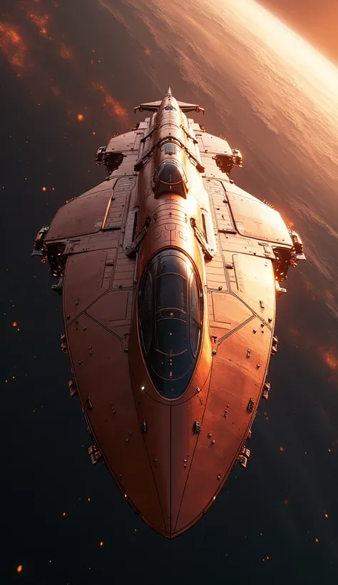 RAW, Best quality, high resolution, masterpiece: 1.3), Beautiful giant space liner, Masterpiece, Sleek design, Realistic, 1 object, Shiny metallic copper surface, Futuristic, Detailed engines, Big windows, heat trails, Glowing lights, Surrounded by stars a...