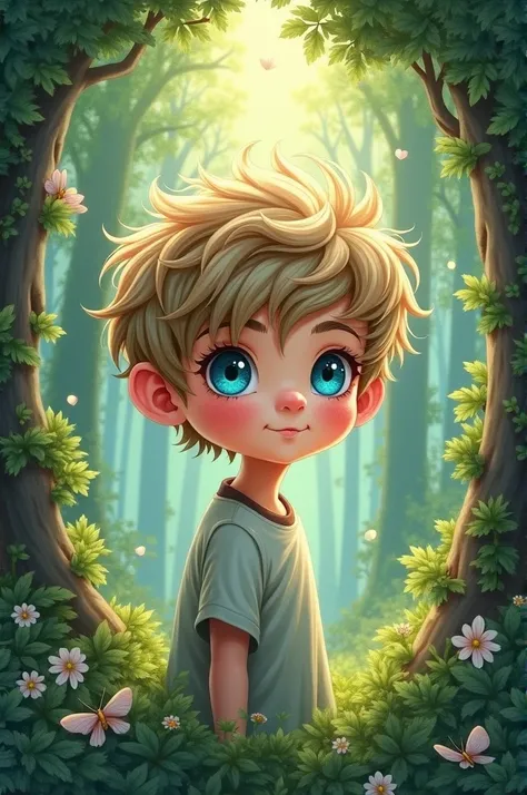 Fluffy hair BLUE eyed drawing boy in a Forest.