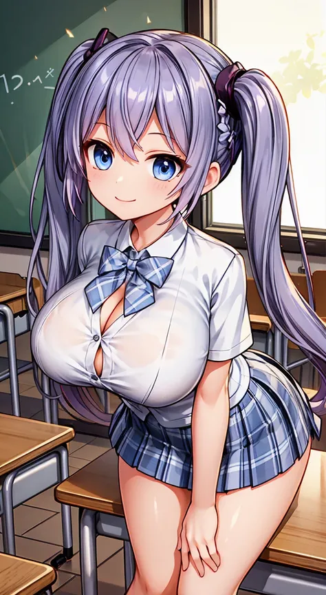 Highest quality,masterpiece,one person,bionde,Twin tails,Schoolgirl uniform,Short sleeve,mini skirt,Large Breasts,smile,classroom,see through ,buzzer ,Micro mini scart,Cleavage,Brasilia,Leaning forward on the desk,