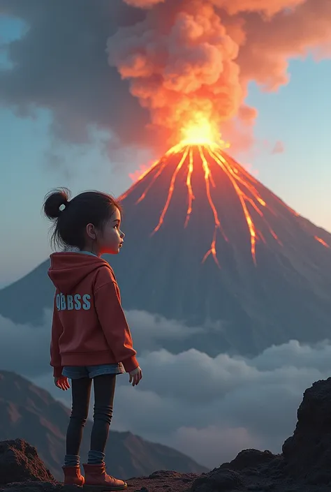 A girl standing beside a volcano and the name (QBBSS)written on her hoodie 