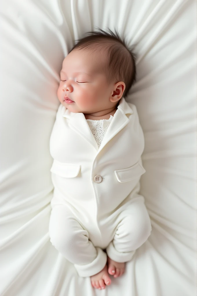 A realistic newborn baby in a white suit