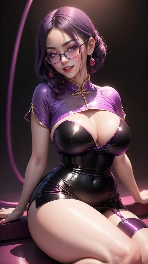 ((chinese idol))　Smooth purple hair　glasses　bright red lips　mature woman　bright red rouge lip　((purple shirt))　black tight skirt　shiny black stocking legs　Plump　Looks like a lot of fun　Happy sexy smile　((With a whip))　lots of sweat　Lustrous and shiny skin　...