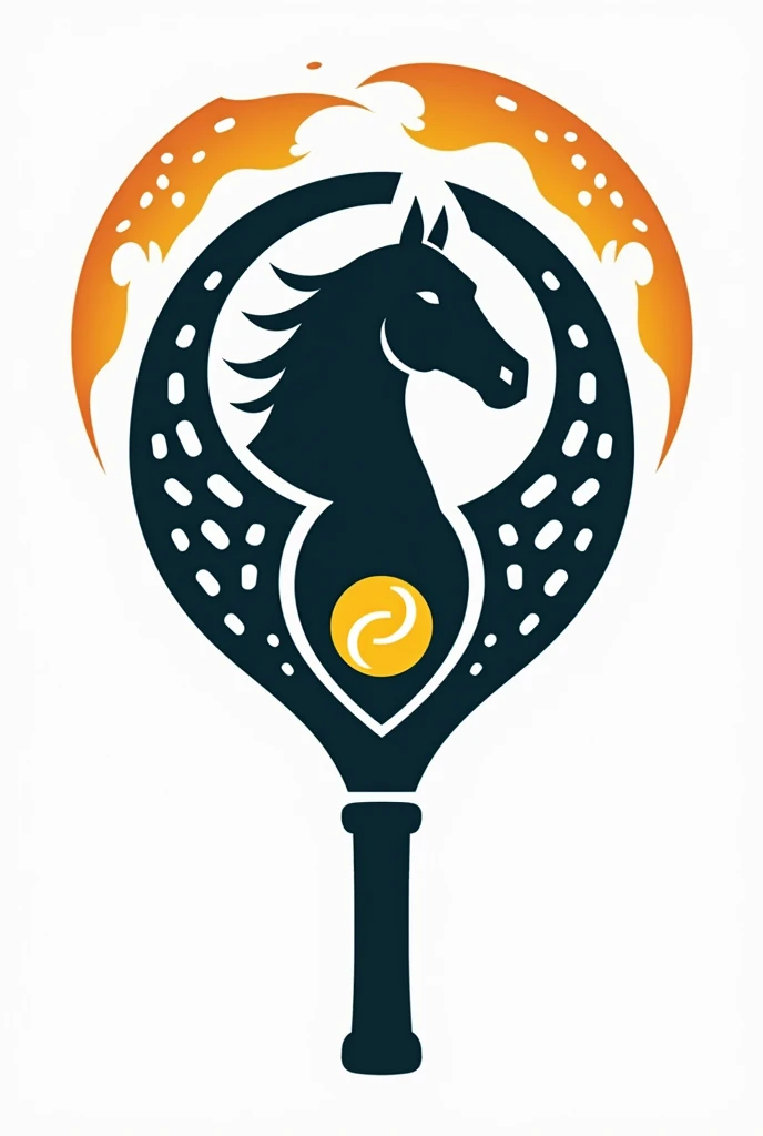 Logo of two padel rackets with holes and a horse in the center and a tennis ball where it best fits in the image 