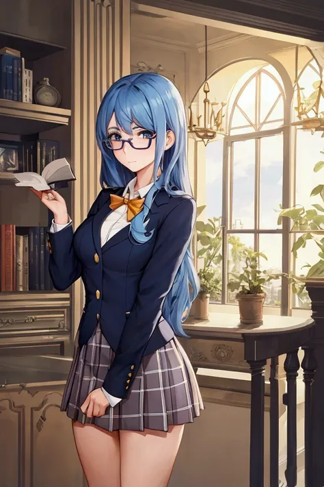 Beautiful Hermione-type girl with glasses, blue hair, studious, hot nerd posing as smart 