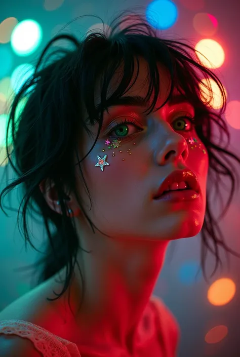 Close-up of an improved masterpiece:1.5)0.9], (Dancing in a disco:1.2) (messy black hair:1.1) (heterochromia: xanthochromia and dark green eyes:1.2)  (colored stars in the eyes:1.0) (A radiant glow:1.1) (thick lips:0.9)